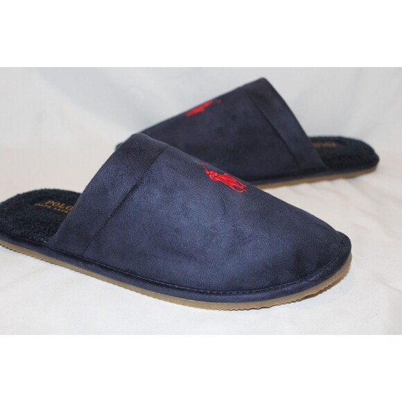 NIB POLO RALPH LAUREN MEN'S SLIP ON LOGO SCUFF HORSE SLIPPERS NAVY BLUE SZ 9 - Picture 1 of 5